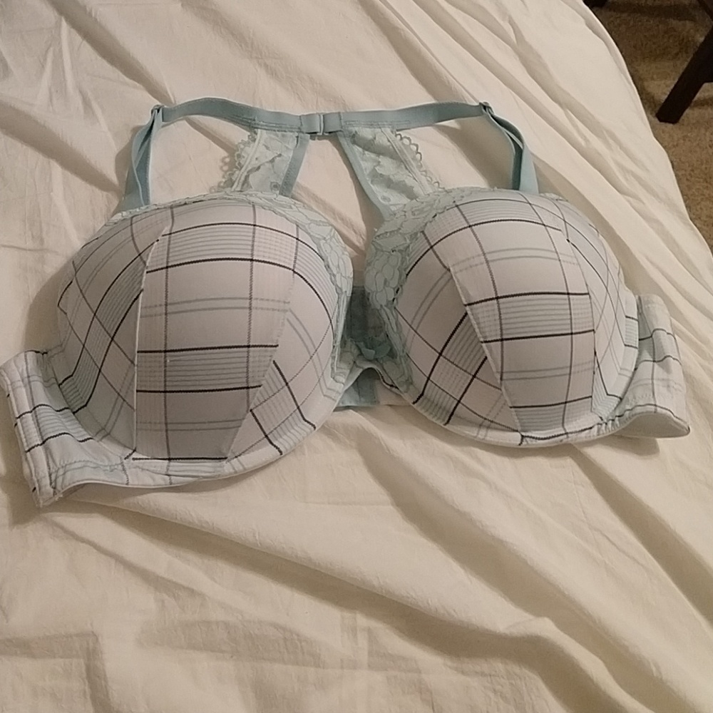 Plaid and floral baby blue racerback bra.